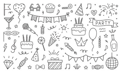 Set of party doodle. Sketch of Birthday decoration, gift box, cake, party hats in sketch style. Hand drawn vector illustration isolated on white background. - obrazy, fototapety, plakaty