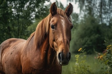 Obraz na płótnie Canvas A horse is an animal that belongs to the equids' equine family and is a tamed form of the wild horse. Generative AI