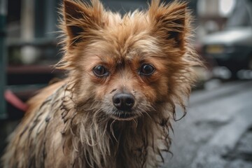 dog in the street. Dog is in the city. information on an animal's life away from its home. abandoned animal. Generative AI