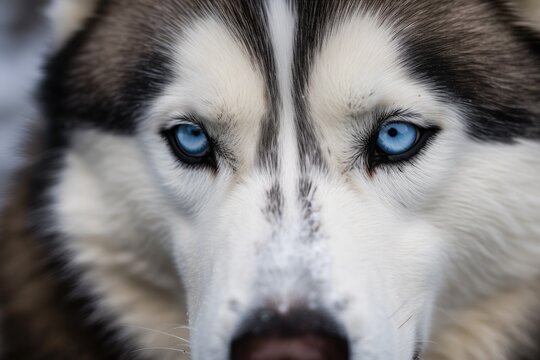 a close up of a husky dog's blue eyes. Generative AI