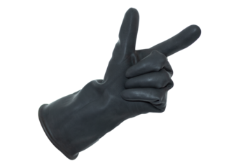 An isolated hand in a black rubber glove with the thumb and forefinger raised. Hand doing the gesture of a gun on a white background.