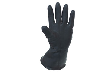 A hand in a black rubber glove isolated with all fingers raised doing the number five gesture on a white background.