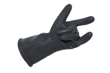 An isolated hand in a black rubber glove with the thumb, index and little fingers raised. Hand...