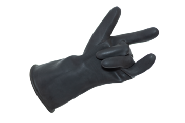 An isolated hand in a black rubber glove with the thumb, index and little fingers raised. Hand doing the rock sign on a white background.