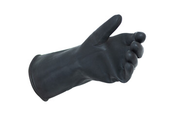 An isolated hand in a black rubber glove with the thumb raised and the other fingers half-open. Hand in position to grab something on a white background.