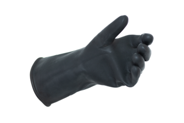 An isolated hand in a black rubber glove with the thumb raised and the other fingers half-open. Hand in position to grab something on a white background.
