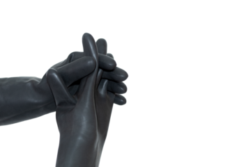 A hand in a black rubber glove interlocking fingers with another similar glove. Two interlocked hands isolated on a white background.