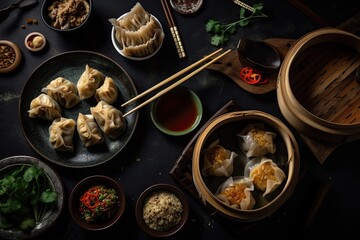 Dark background with Chinese food. Dim sum, spring rolls, peking duck, Chinese noodles, fried rice, and dumplings. Set of well known Chinese dishes. For text only. looking up. Concept for a Chinese re
