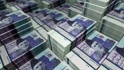 Pakistani Rupee 1000 PKR banknote pack pile loop. Flying over money stack Pakistan note. 3D Abstract concept of business, economy, finance, crisis and banking. Seamless looped. - Powered by Adobe