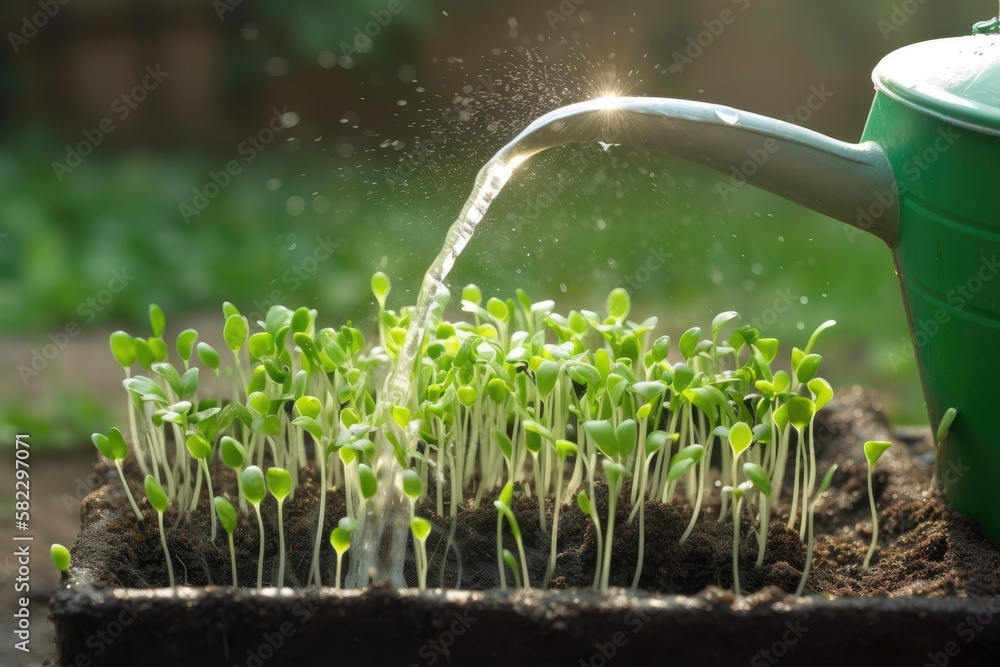 Poster watering sprouts using a watering can. generative ai