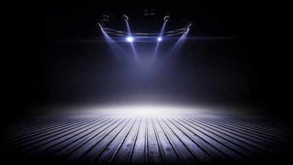 Boards. 3D beautiful boards background. Bright lighting with spotlights. Texture boards in dark background