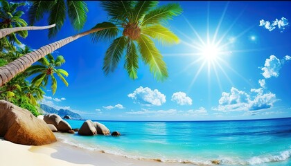 Fototapeta na wymiar Azure tropical coast beach background with palm trees, blue summer cloud sky landscape of beautiful sea shore beach