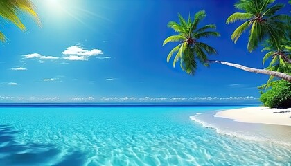 Obraz na płótnie Canvas Azure tropical coast beach background with palm trees, blue summer cloud sky landscape of beautiful sea shore beach