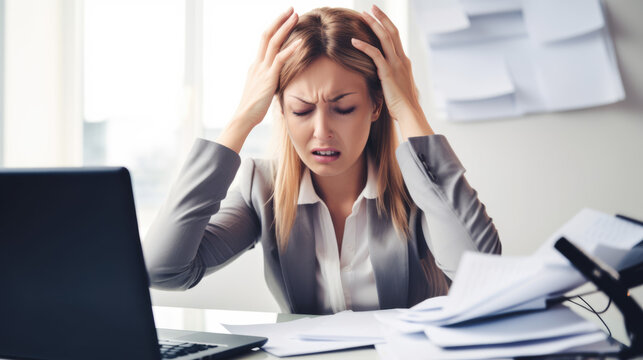 Gestresste Frau im Büro - Burnout, Überstunden, Personalmangel und Zeitdruck, Generative AI