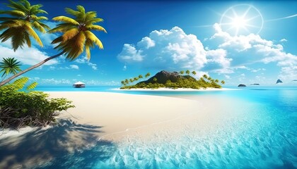 Fototapeta na wymiar Azure tropical coast beach background with palm trees, blue summer cloud sky landscape of beautiful sea shore beach