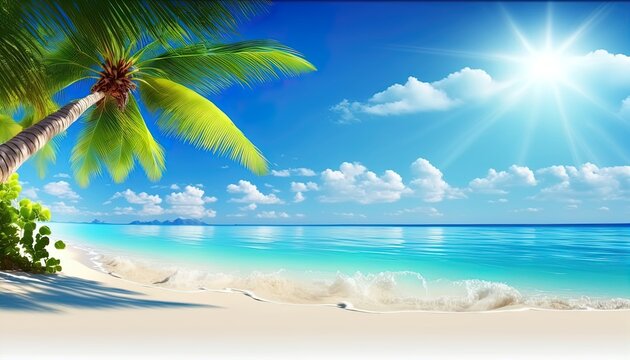 Azure tropical coast beach background with palm trees, blue summer cloud sky landscape of beautiful sea shore beach
