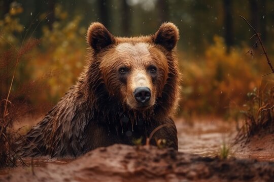 Polish landscape scene with wildlife. Natural habitats of dangerous animals include forests and meadows. Close up detail portrait of a brown bear. On the yellow meadow, a bear is hidden. vicious anima