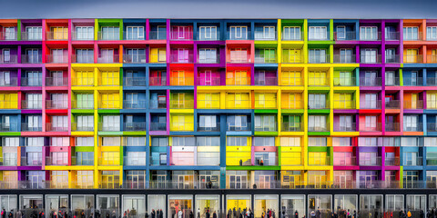 Appartmenthaus B&uuml;rohaus Abstrakt Surreal Frontalansicht Horizontal bei Tag Generative AI Digital Art Illustration Kunst Hintergrund Background Cover Kunst	
