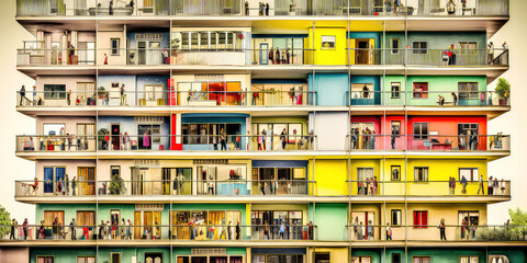 Appartmenthaus Bürohaus Abstrakt Surreal Frontalansicht Horizontal bei Tag Generative AI Digital Art Illustration Kunst Hintergrund Background Cover Kunst	
