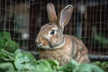 Fototapeta premium Domesticated brown rabbit with ling ears munches on a lettuce leaf while sitting in a cage on the green grass. Generative AI