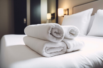 Fototapeta na wymiar Fresh towels on bed in hotel room created with AI 