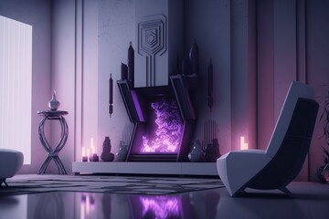 interior of a futuristic room with a fireplace