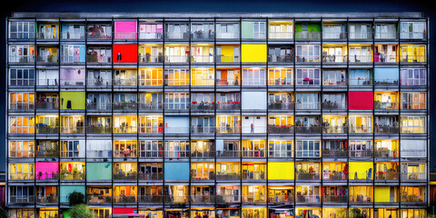 Appartmenthaus Bürohaus Abstrakt Surreal Frontalansicht Horizontal bei Tag Generative AI Digital Art Illustration Kunst Hintergrund Background Cover Kunst	
