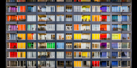 Appartmenthaus Bürohaus Abstrakt Surreal Frontalansicht Horizontal bei Tag Generative AI Digital Art Illustration Kunst Hintergrund Background Cover Kunst	
