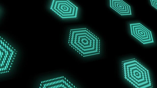 Pulsing neon hexagons pattern with led light in casino style, motion abstract disco, club and party style background