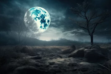 Fotobehang Volle maan en bomen eerie nighttime scene media mix. Generative AI