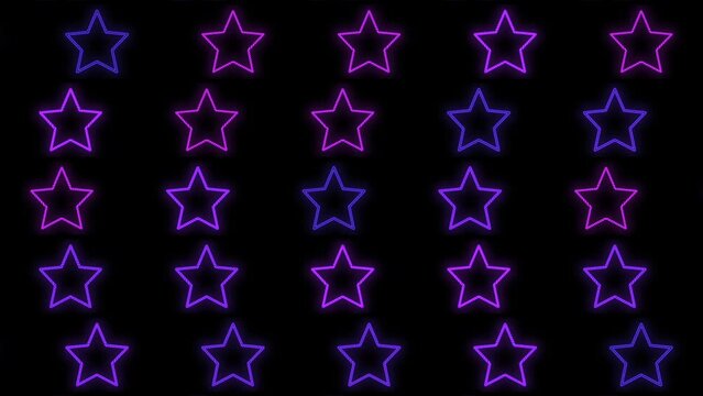 Pulsing neon stars pattern with led light in casino style, motion abstract disco, club and party style background