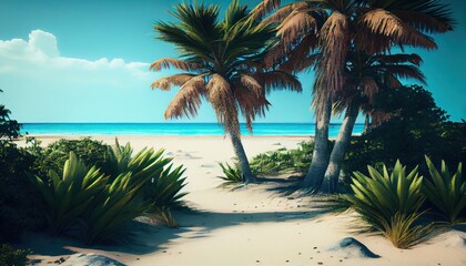 Obraz na płótnie Canvas Tropical background with sea and palm trees. Summer sea background, blue ocean, sandy beach, light blue sky. ai generative