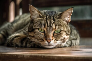 An up close and fuzzy background photo of a grouchy cat resting on a wooden desk. Generative AI
