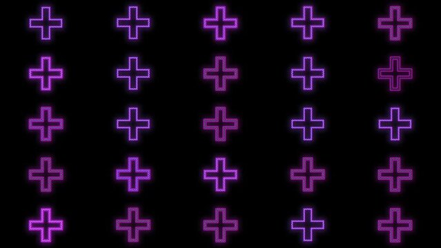 Purple Plus icons pattern in rows on black gradient, motion abstract disco, club and party style background