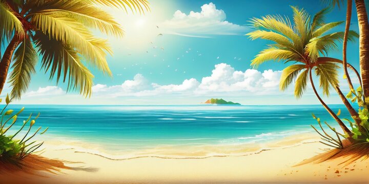 Tropical background with sea and palm trees. Summer sea background, blue ocean, sandy beach, light blue sky. ai generative