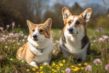 Naklejka na ściany i meble A corgi dog and a tabby cat, two adorable fluffy companions, are sitting together in a bright spring meadow. Generative AI