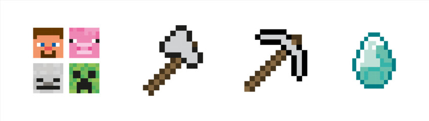 Set pixel arsenal.Pixel pickaxe, sword. Elements games, web, ui. Gaming arsenal. © Cali6ro