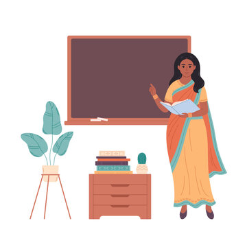 Indian female teacher at classroom near blackboard. Education, lecture and lesson at school. Vector illustration in flat style