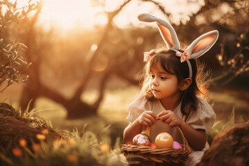 Latin dark-skinned kid wearing bunny ears and gathering easter eggs on easter egg hunt in garden.
Festive atmosphere.