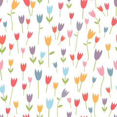 Floral seamless pattern. Spring background with blooming tulips. Vector illustration.  It can be used for wallpapers, wrapping, cards, patterns for clothes and other.