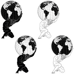 Vector design of the titan Atlas holding the planet earth on his shoulders, titan from Greek mythology holding the earth sphere.
