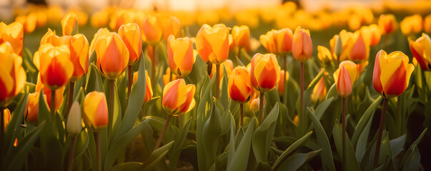 Orange red tulips in a summer or spring field, banner. Generative AI