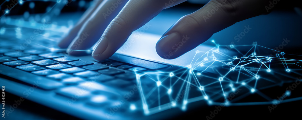 Poster finger interacting with a background of a keyboard and laptop and a digital blue web of connections.