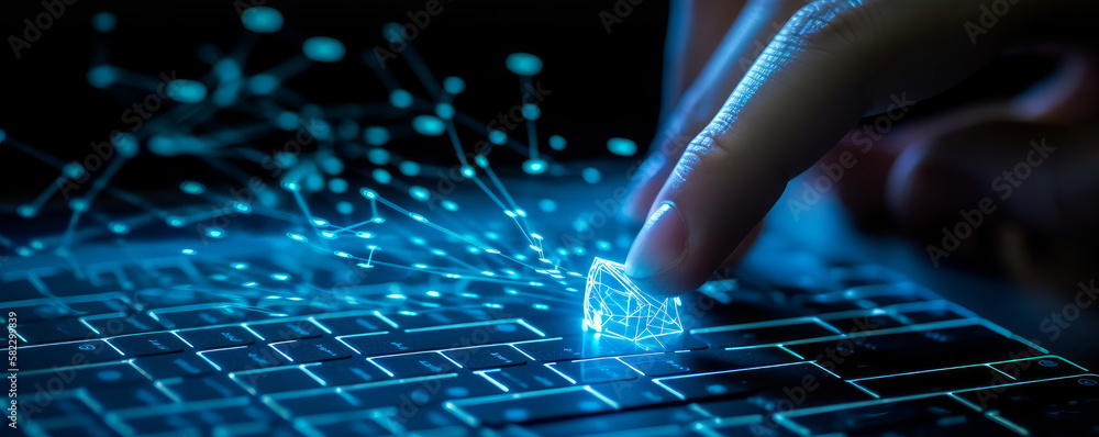 Poster finger interacting with a background of a keyboard and laptop and a digital blue web of connections.