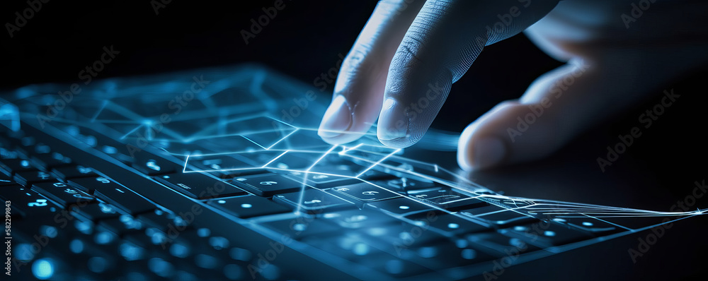 Poster finger interacting with a background of a keyboard and laptop and a digital blue web of connections.