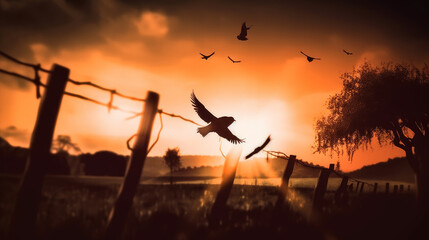 Fototapeta na wymiar Free bird silhouette flying and taking in the scenery against a sunset background. - Generative AI