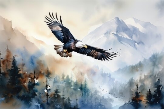 The majestic eagles in the watercolor painting soared high above the mountains free and untethered. Generative AI