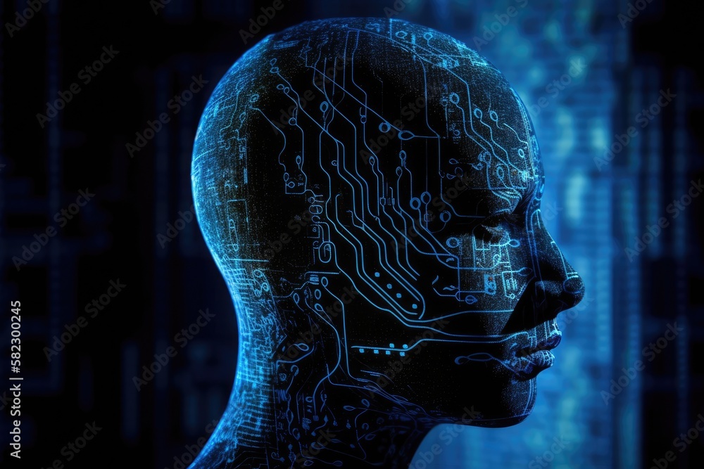 Poster using electrified circuit board lines in the right blue copy space, a logical reasoning silhouette i