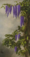 AIで生成した樹に絡み付いた藤の花の絵画 AI-generated painting of Japanese wisteria flowers entwined in a tree Generative AI ジェネレーティブ