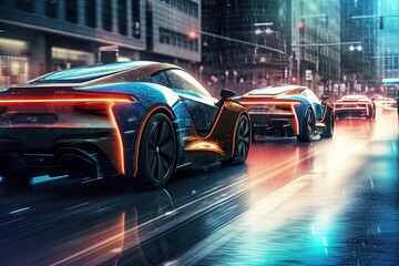 A future concept shows sports cars racing and heading toward a city (with grunge and grain overlay) Illustration of a bespoke tail light design. Generative AI